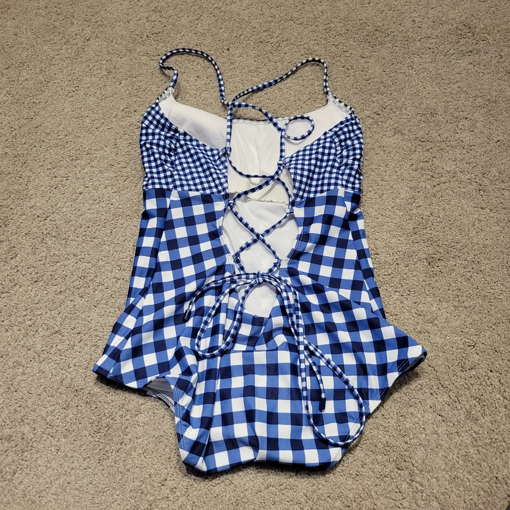 Lands' End Lace Up Blue Gingham Swimsuit One-Piece Sunrise Collection